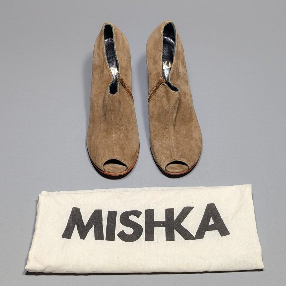 Mishka Light Brown Suede Peep Toe Block Heel Bootie Size 6